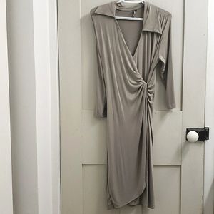 Women's faux wrap dress - fitted grey surplice midi dress